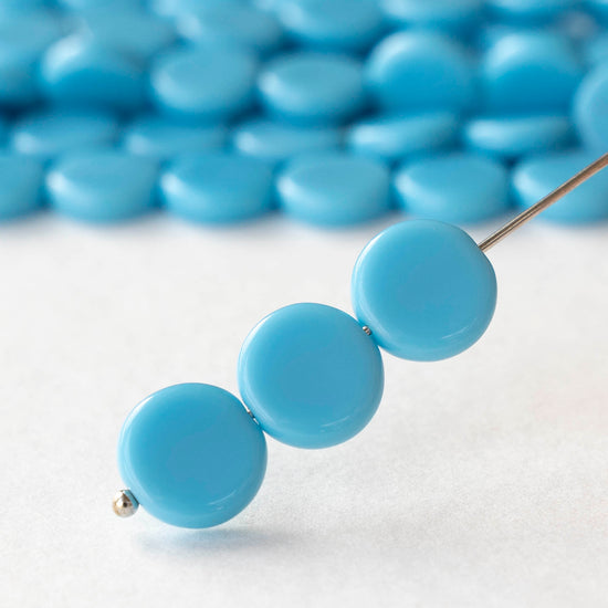 10mm Coin Beads - Opaque Aqua - 20 beads