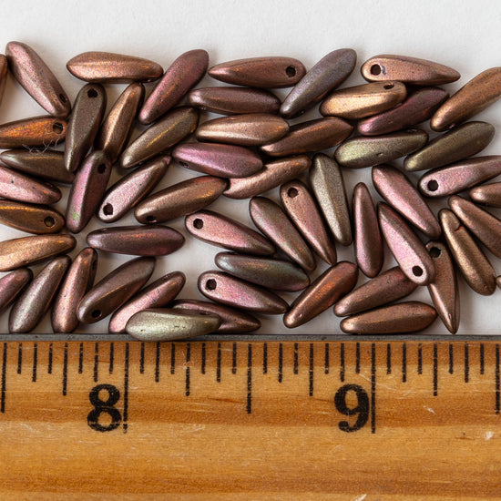 11mm Glass Dagger Beads - Metallic Iris Rose Matte - 50 beads