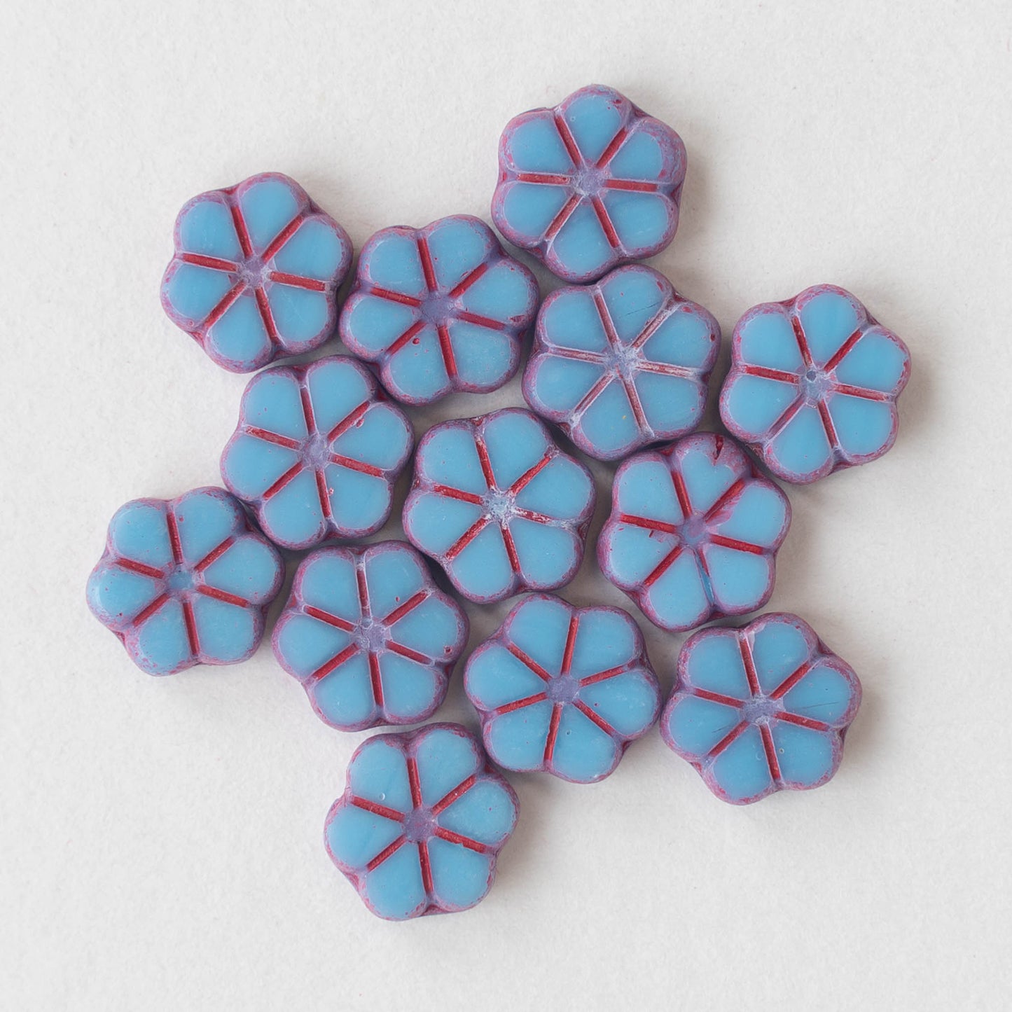 10mm Flower Beads - Opaque Aqua Blue with Pink Wash - 10