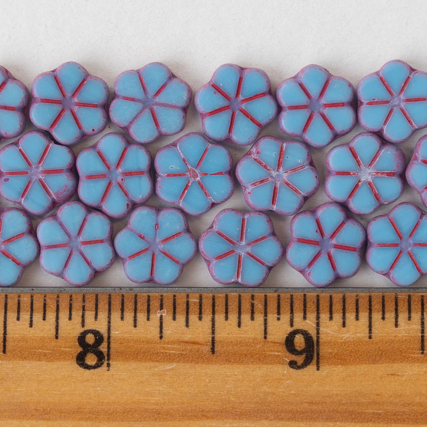 10mm Flower Beads - Opaque Aqua Blue with Pink Wash - 10