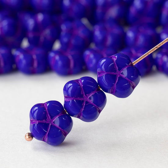 10mm Glass Flower Beads - Blue with Purple - 10 Beads