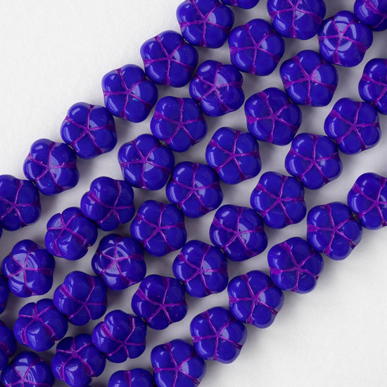 10mm Glass Flower Beads - Blue with Purple - 10 Beads