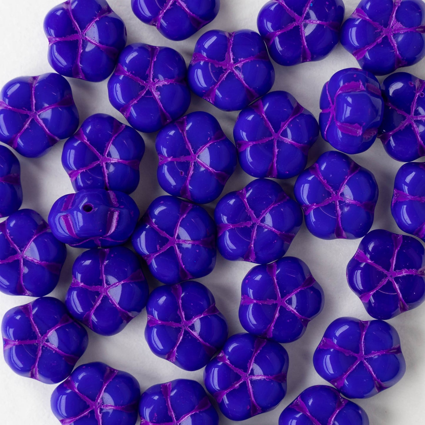 10mm Glass Flower Beads - Blue with Purple - 10 Beads