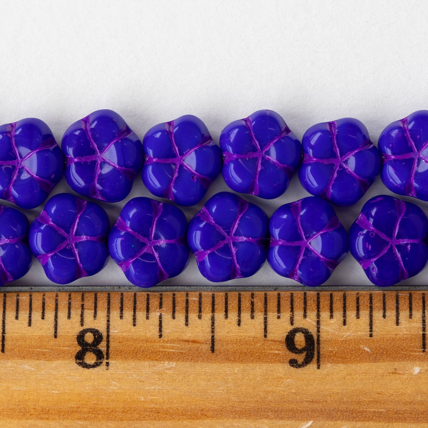 10mm Glass Flower Beads - Blue with Purple - 10 Beads