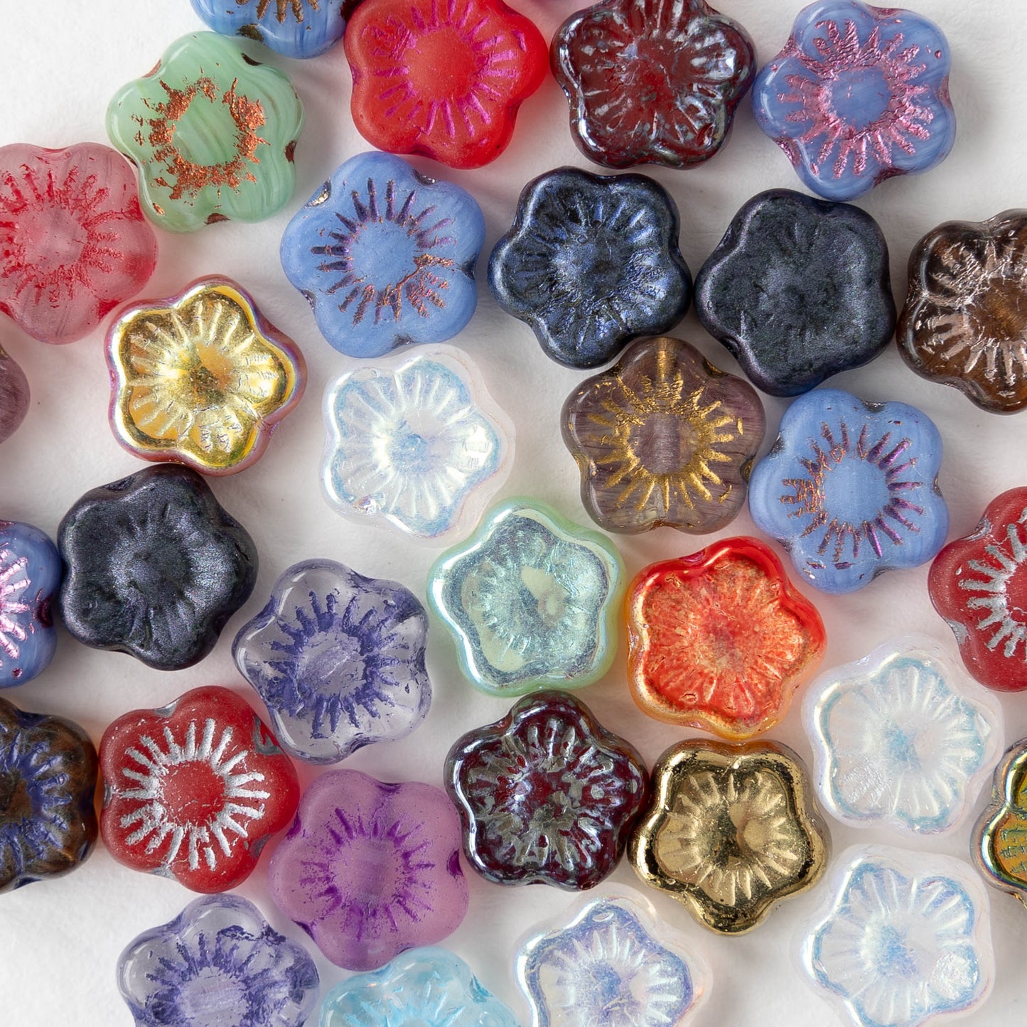 10mm Glass Flower Beads - Colorful Mix - 20 Beads