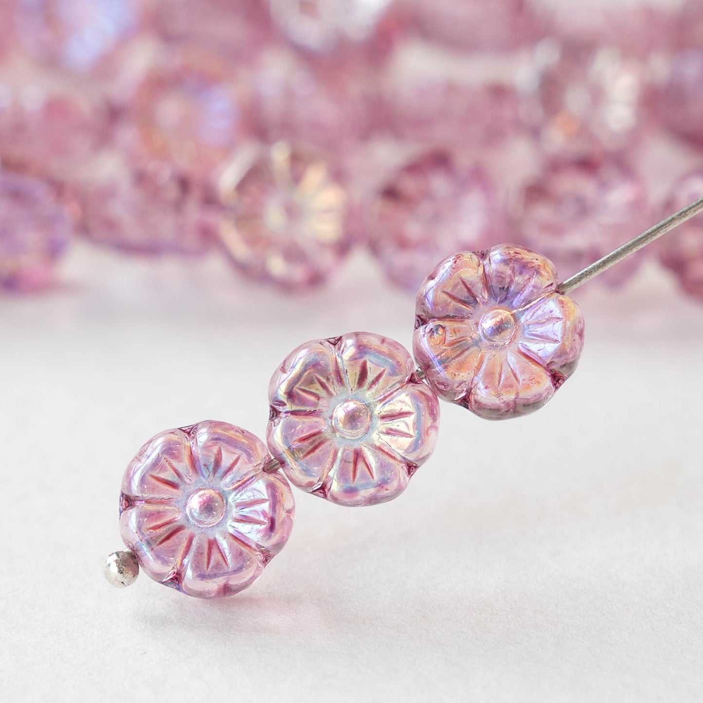 10mm Glass Flower Beads - Light Pink AB - 20 Beads