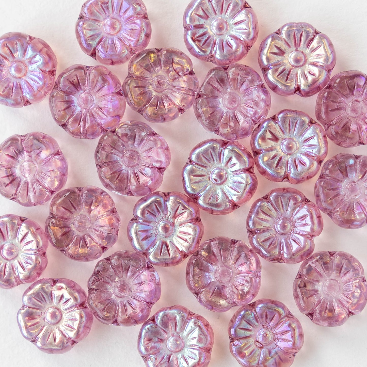 10mm Glass Flower Beads - Light Pink AB - 20 Beads