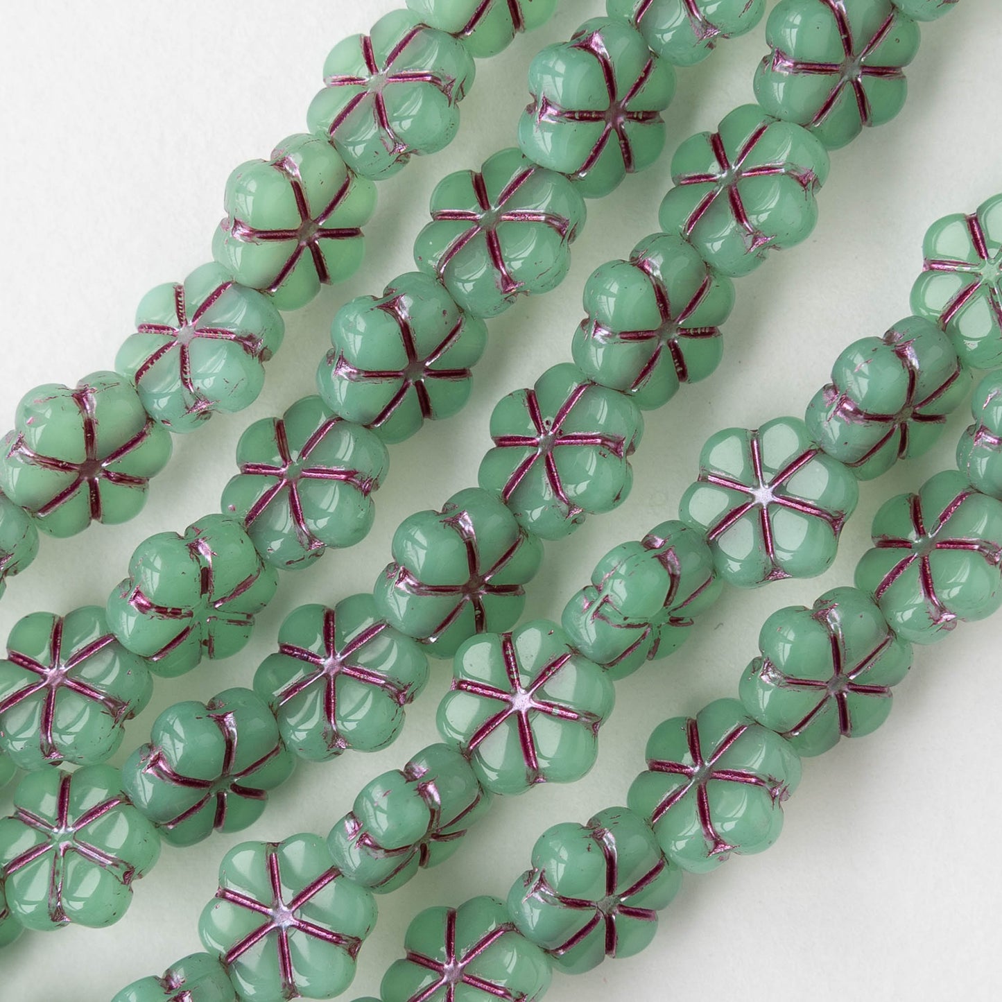 10mm Glass Flower Beads - Opaline Mint Green with Pink Wash - 15 beads