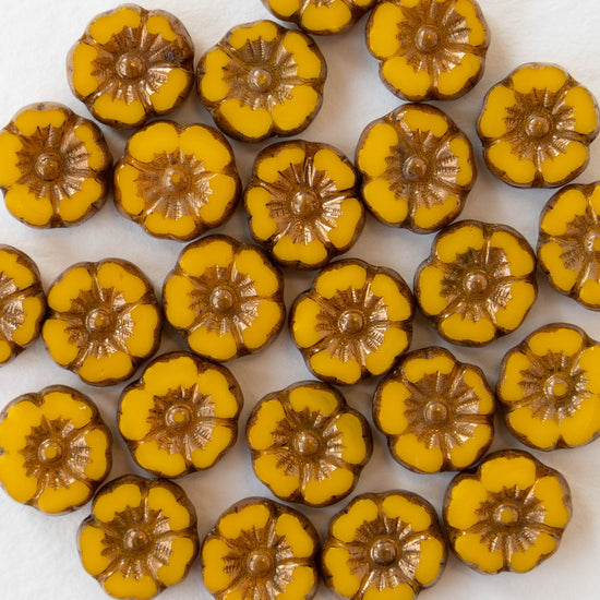 10mm Hibiscus Flower Bead - Opaque Ochre with Bronze Wash - 12 Beads