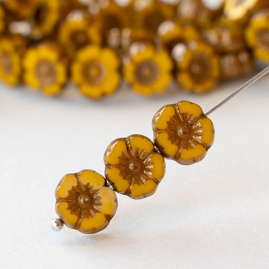 10mm Hibiscus Flower Bead - Opaque Ochre with Bronze Wash - 12 Beads