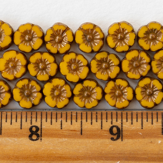 10mm Hibiscus Flower Bead - Opaque Ochre with Bronze Wash - 12 Beads