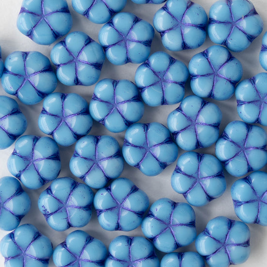 10mm Glass Flower Beads - Opaque Blue - 10 Beads