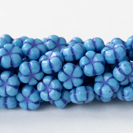 10mm Glass Flower Beads - Opaque Blue - 10 Beads