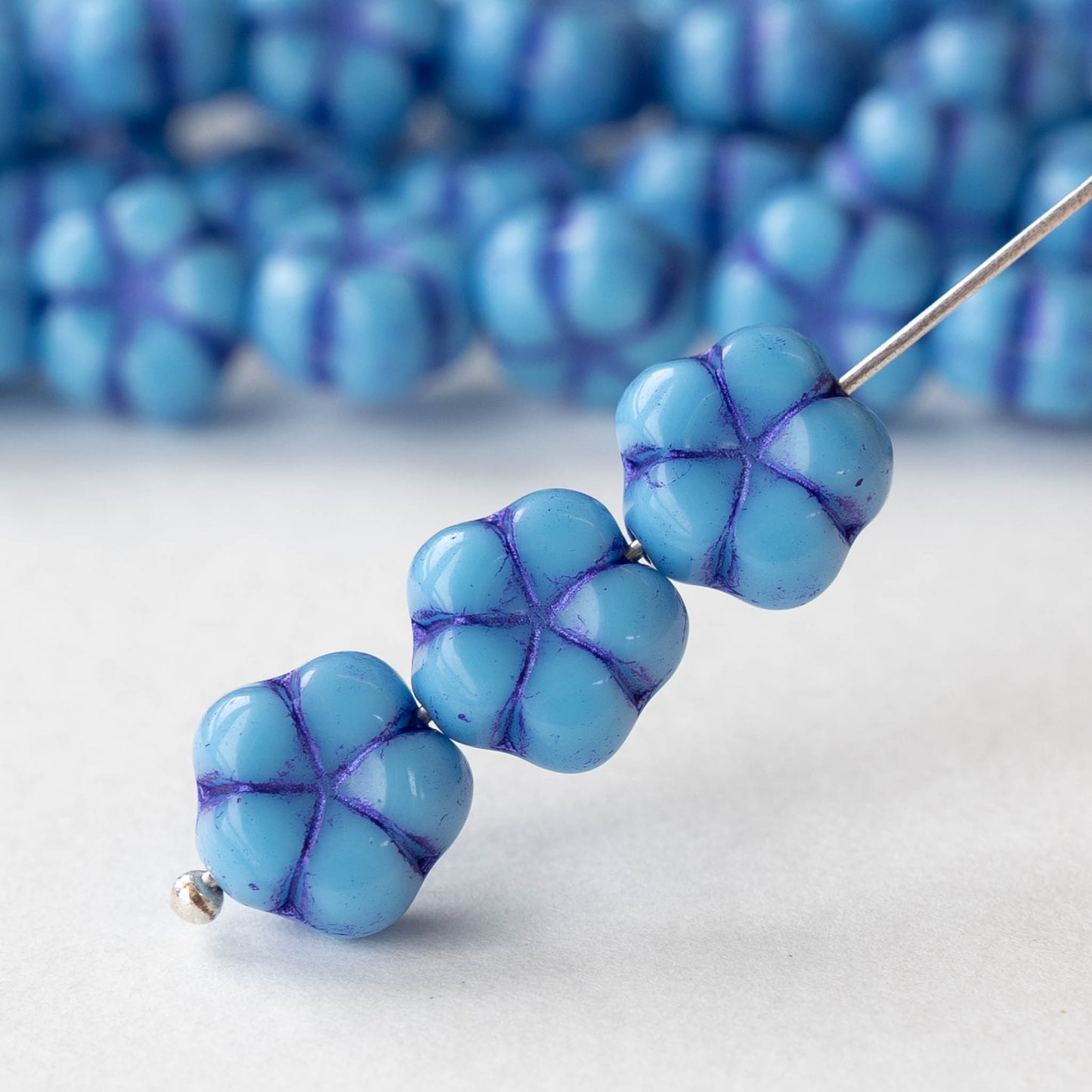 10mm Glass Flower Beads - Opaque Blue - 10 Beads