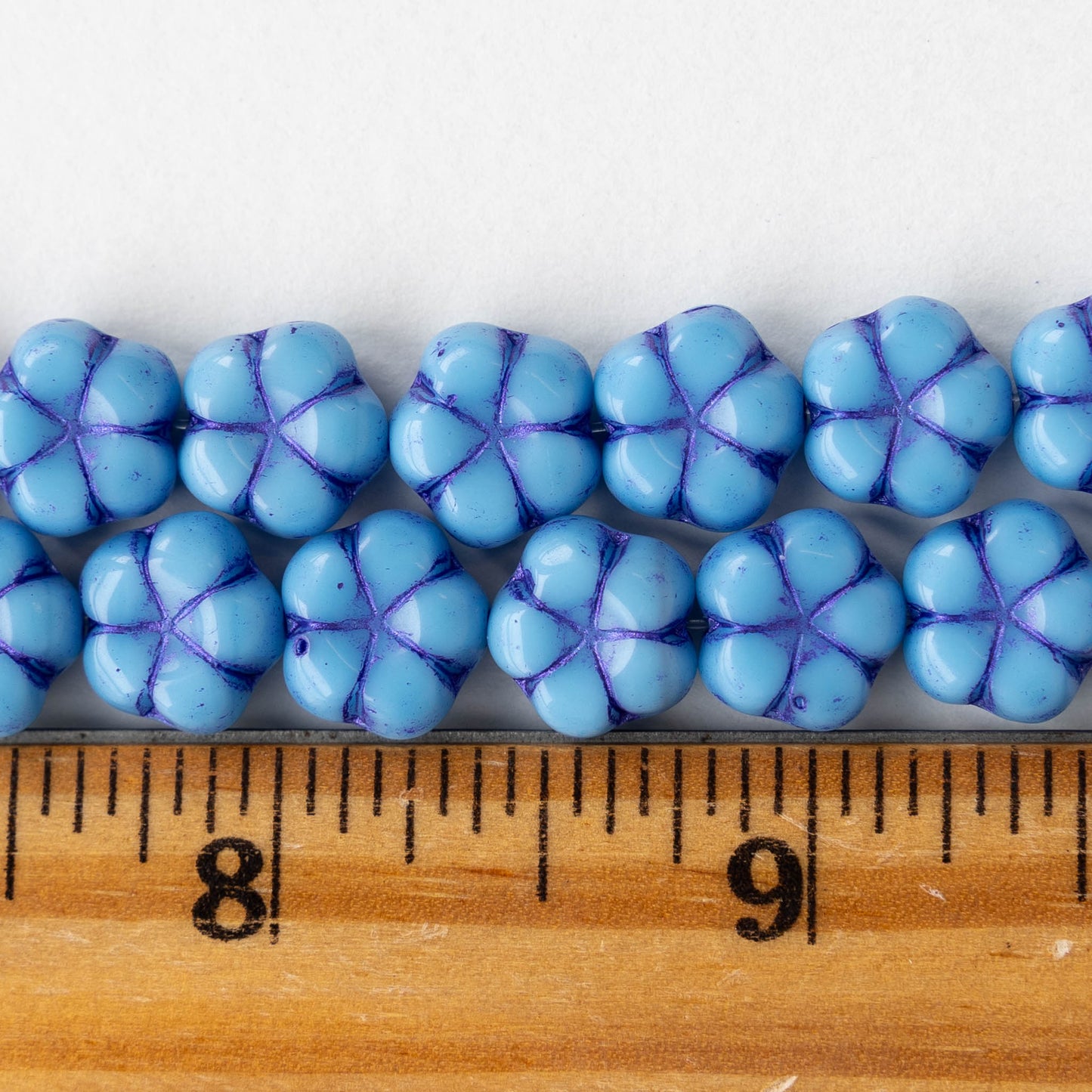 10mm Glass Flower Beads - Opaque Blue - 10 Beads