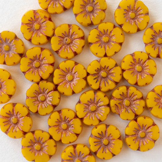 10mm Hibiscus Flower Bead - Opaque Sunshine Yellow with Copper Wash - 12 Beads