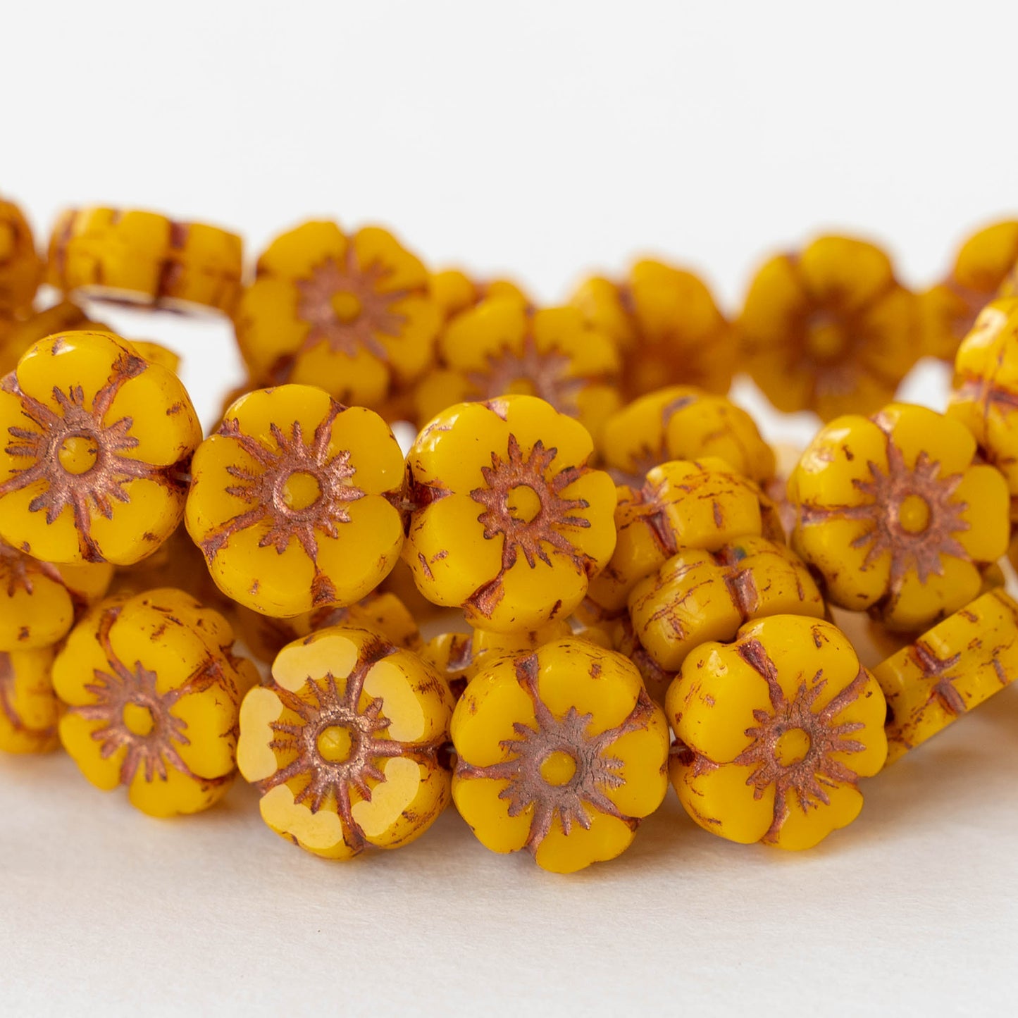 10mm Hibiscus Flower Bead - Opaque Sunshine Yellow with Copper Wash - 12 Beads