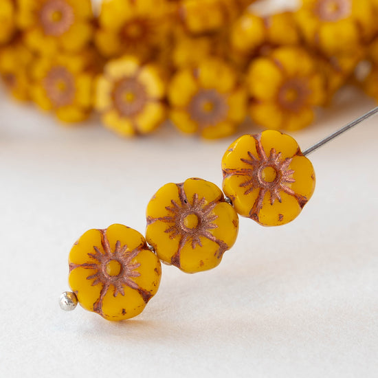 10mm Hibiscus Flower Bead - Opaque Sunshine Yellow with Copper Wash - 12 Beads