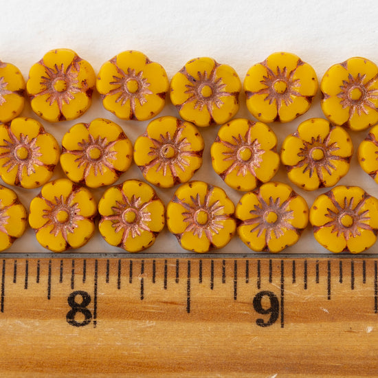 10mm Hibiscus Flower Bead - Opaque Sunshine Yellow with Copper Wash - 12 Beads