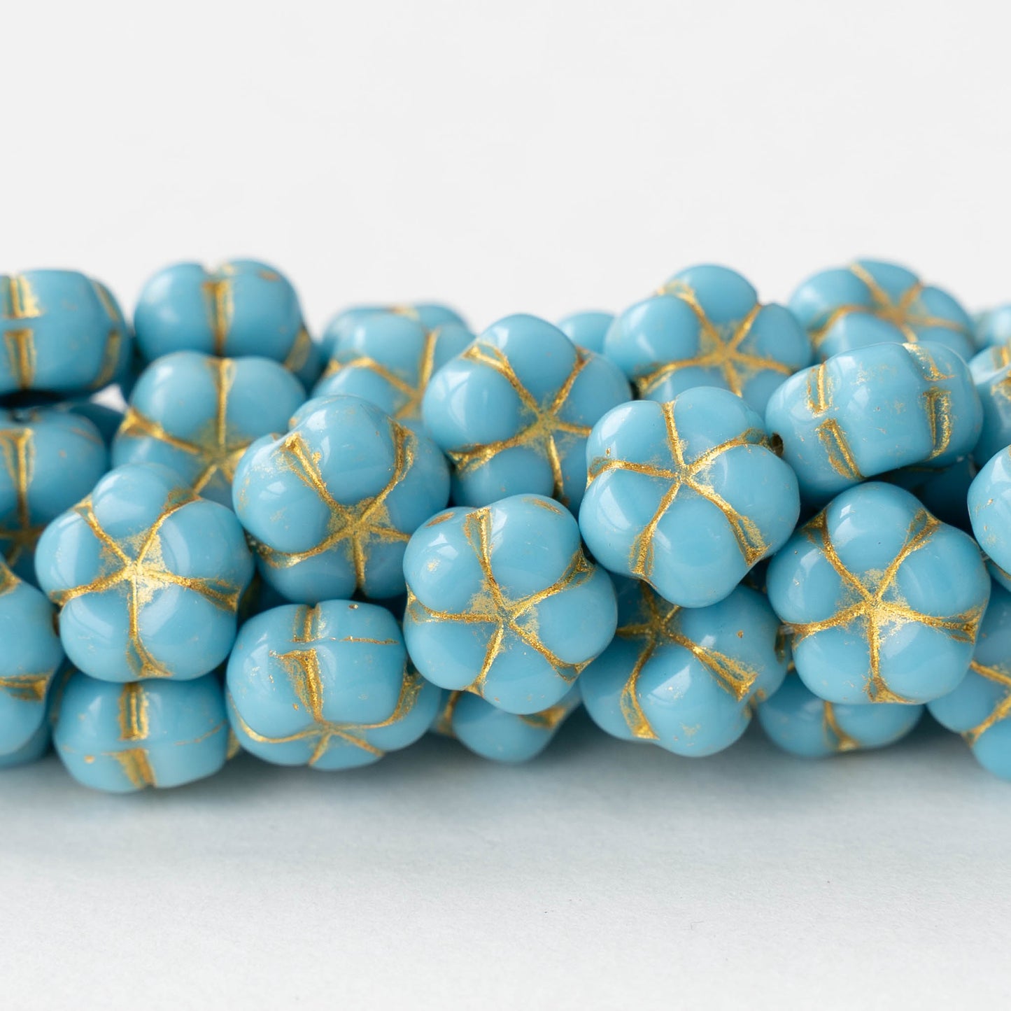 10mm Glass Flower Beads - Aqua with Gold - 10 Beads