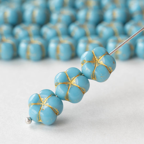 10mm Glass Flower Beads - Aqua with Gold - 10 Beads