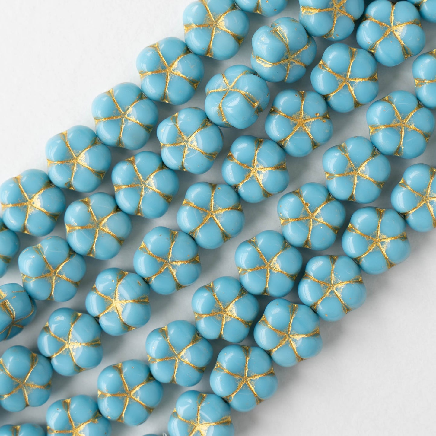 10mm Glass Flower Beads - Aqua with Gold - 10 Beads