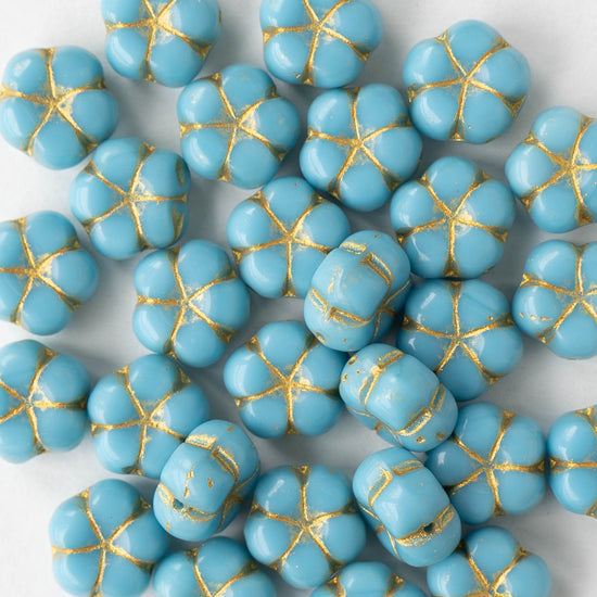 10mm Glass Flower Beads - Aqua with Gold - 10 Beads