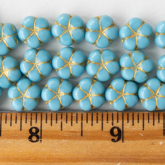 10mm Glass Flower Beads - Aqua with Gold - 10 Beads