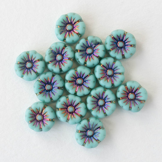 Load image into Gallery viewer, 10mm Glass Pansy Flower Beads - Turquoise - 16 Beads
