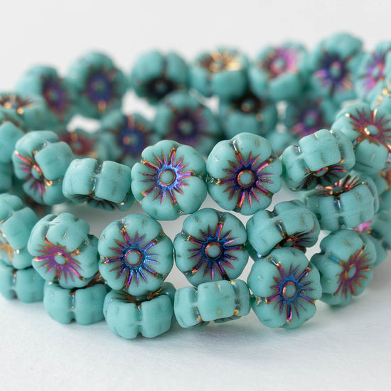 Load image into Gallery viewer, 10mm Glass Pansy Flower Beads - Turquoise - 16 Beads
