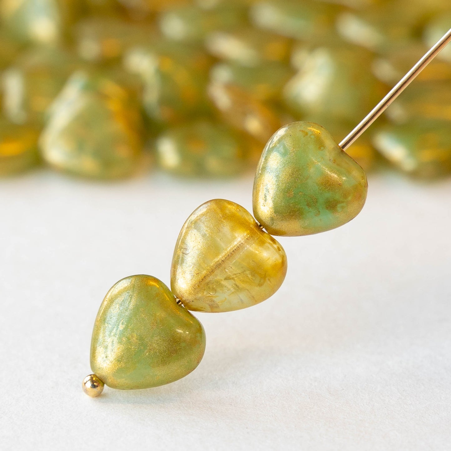 10mm Glass Heart Beads - Opaline Green with Gold Dust - 12 hearts