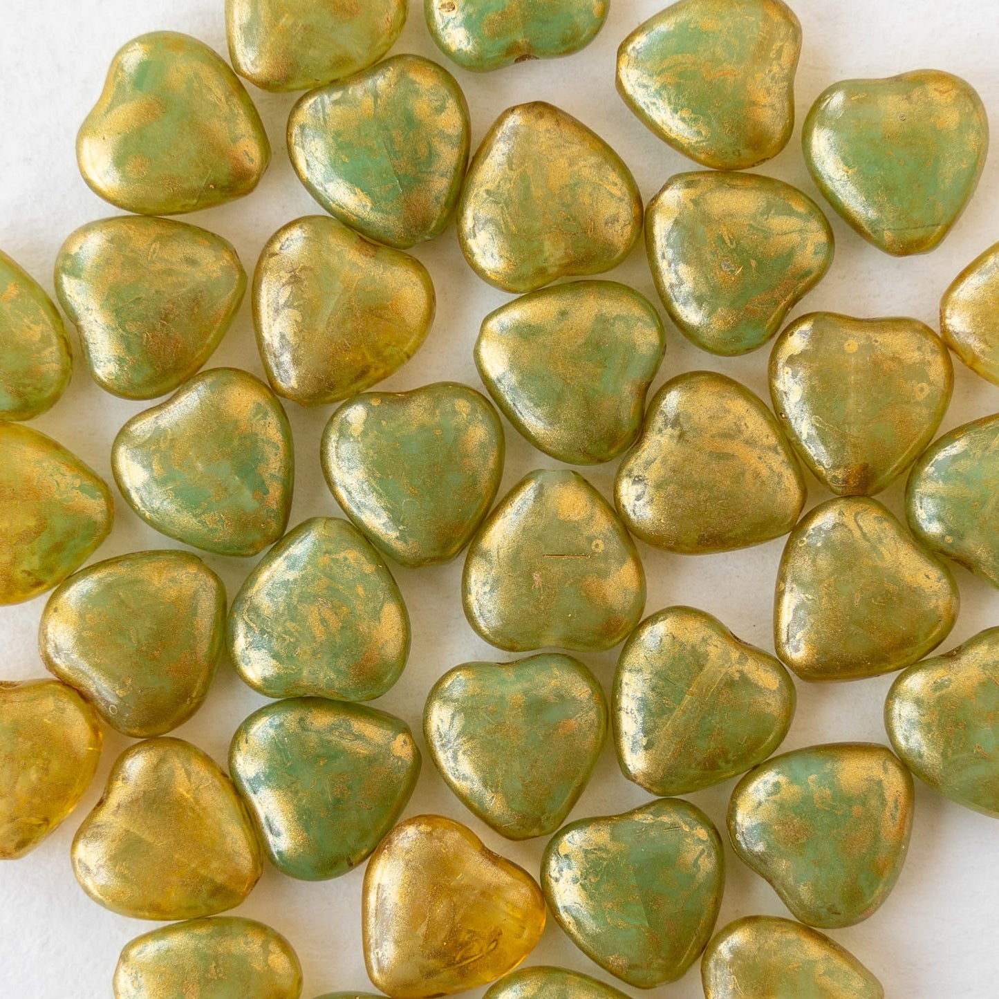 10mm Glass Heart Beads - Opaline Green with Gold Dust - 12 hearts