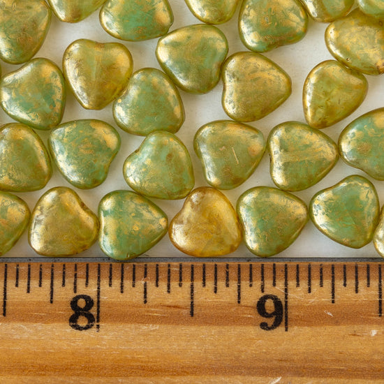 10mm Glass Heart Beads - Opaline Green with Gold Dust - 12 hearts