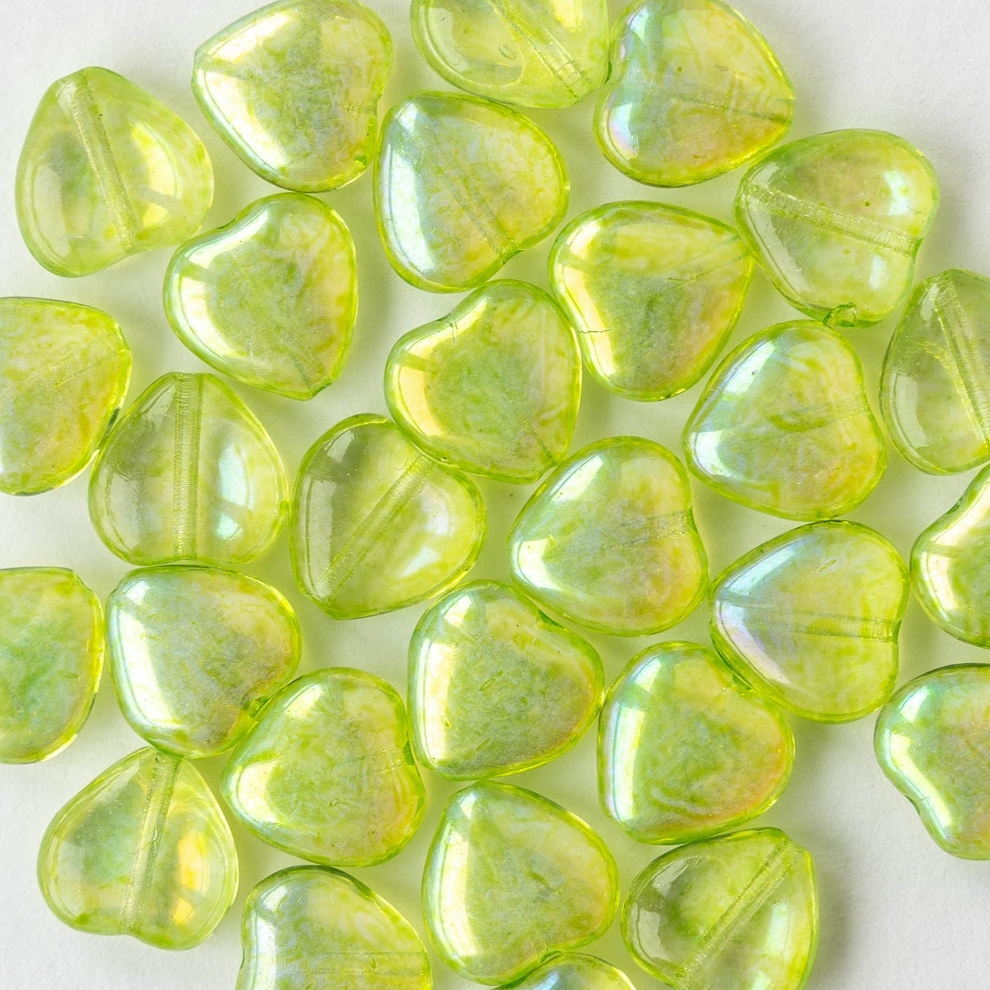 10mm Glass Heart Beads - Transparent Green Luster AB - 12 hearts