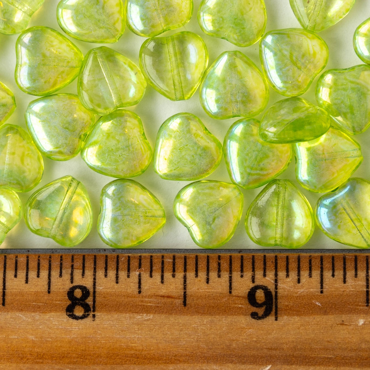 10mm Glass Heart Beads - Transparent Green Luster AB - 12 hearts