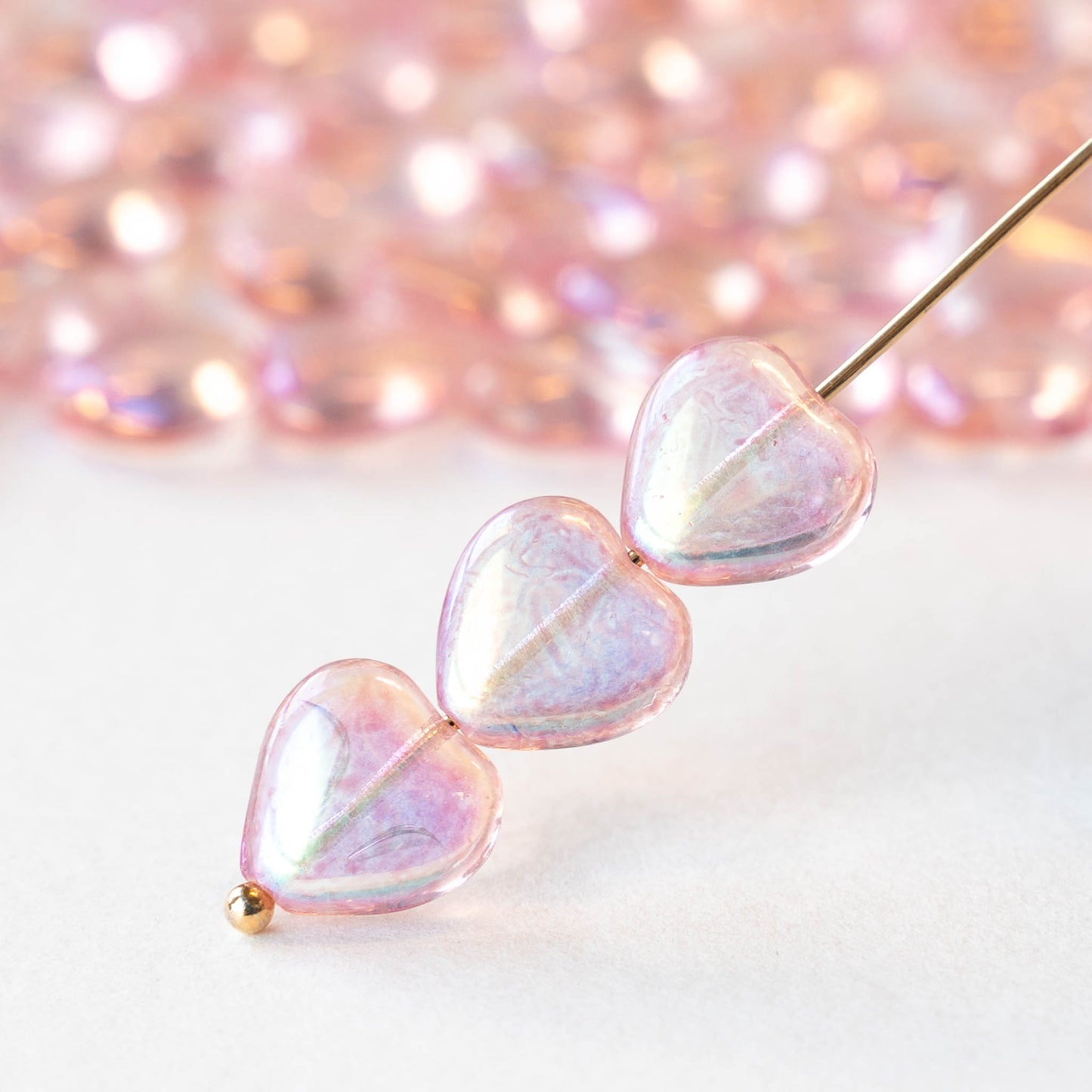 10mm Glass Heart Beads - Transparent Light Pink AB - 12 hearts