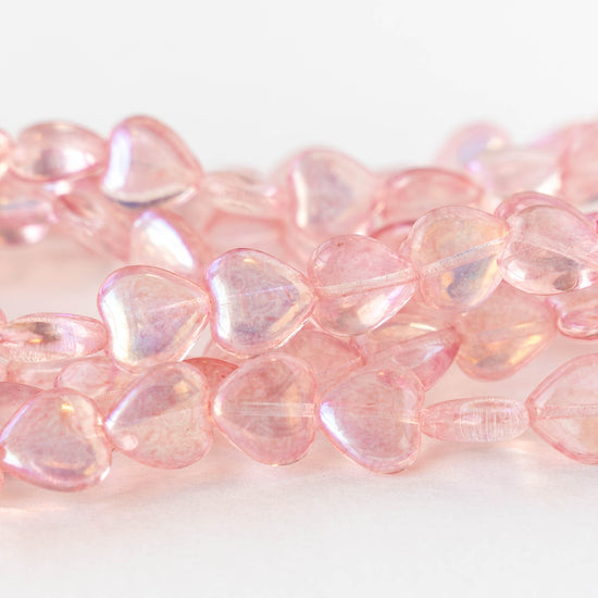 10mm Glass Heart Beads - Transparent Light Pink AB - 12 hearts