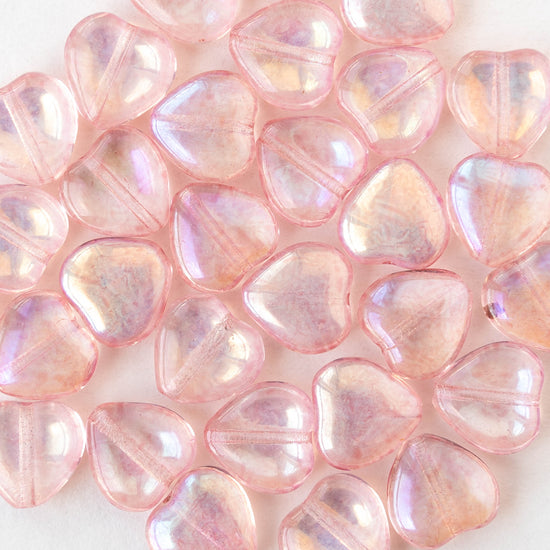 10mm Glass Heart Beads - Transparent Light Pink AB - 12 hearts