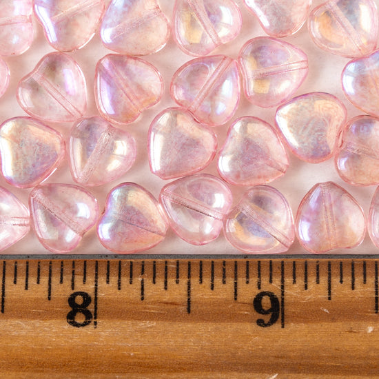 10mm Glass Heart Beads - Transparent Light Pink AB - 12 hearts