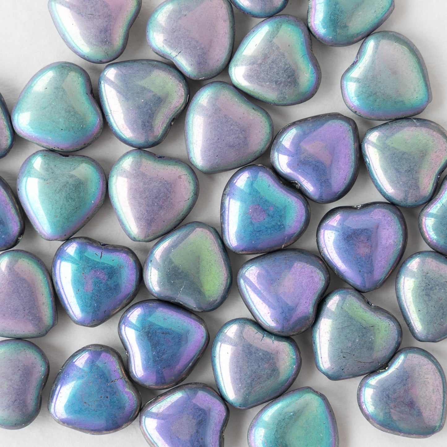 10mm Glass Heart Beads - Metallic AB - 10 hearts