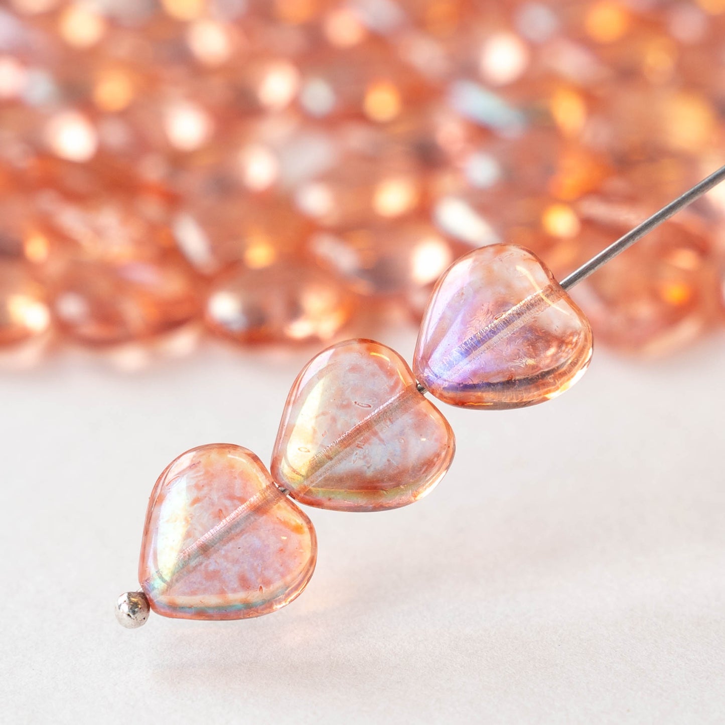 10mm Glass Heart Beads - Transparent Peach Luster AB - 12 hearts