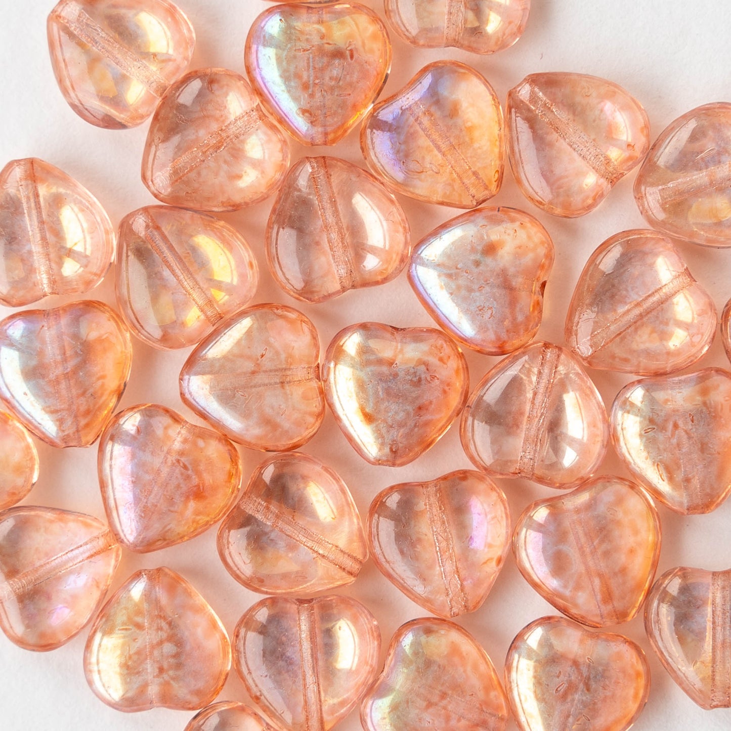 10mm Glass Heart Beads - Transparent Peach Luster AB - 12 hearts