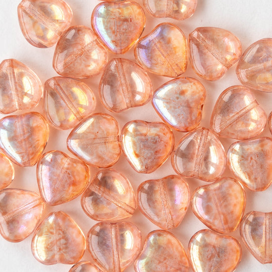 10mm Glass Heart Beads - Transparent Peach Luster AB - 12 hearts