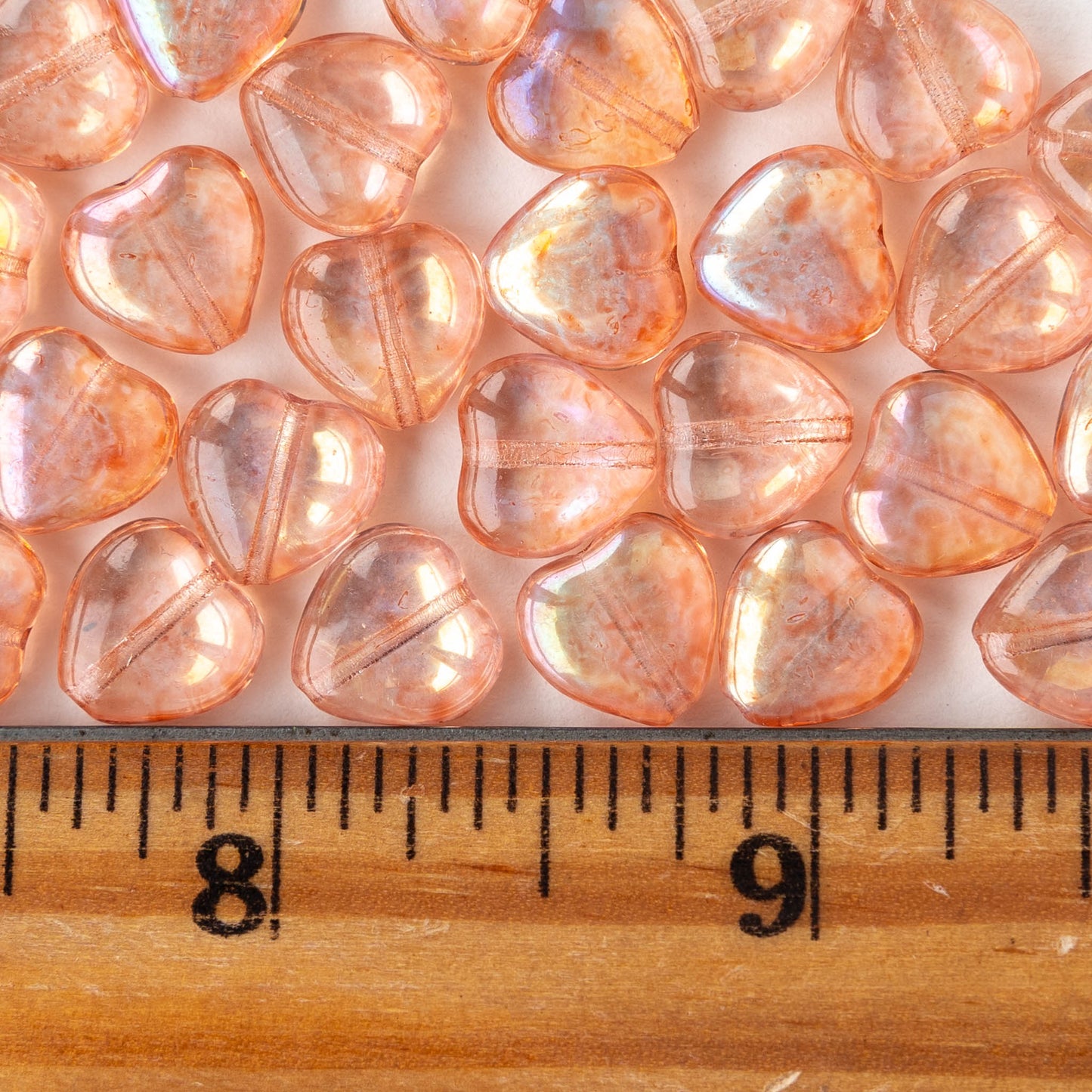 10mm Glass Heart Beads - Transparent Peach Luster AB - 12 hearts