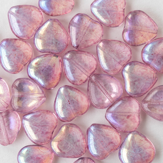 10mm Glass Heart Beads - Transparent Raspberry Pink Luster AB - 12 hearts