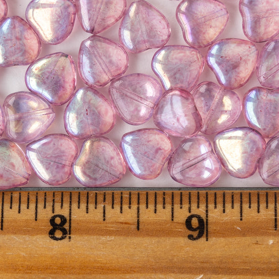 10mm Glass Heart Beads - Transparent Raspberry Pink Luster AB - 12 hearts