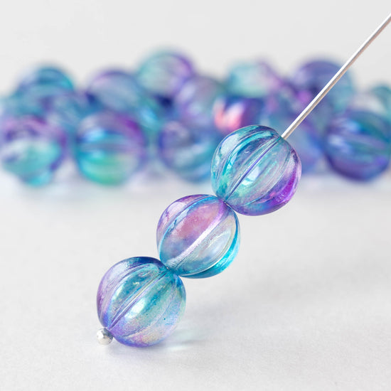 10mm Melon Bead - Aqua Purple Mix AB - 20 Beads