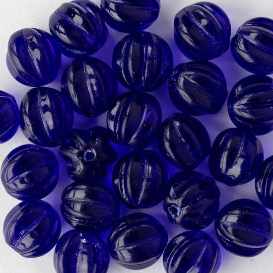 10mm Glass Melon Beads - Cobalt Blue - 20 Beads