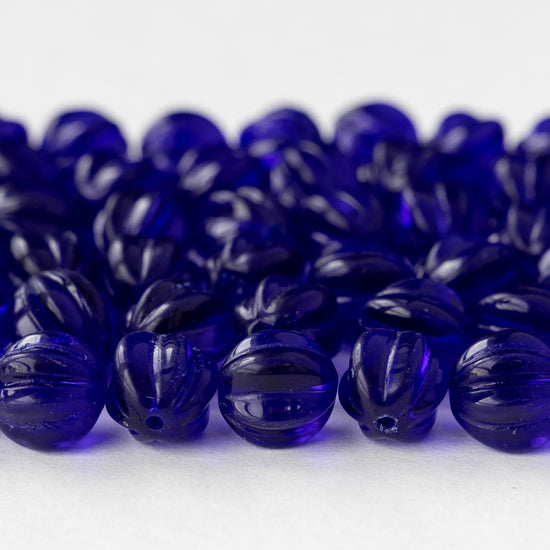 10mm Glass Melon Beads - Cobalt Blue - 20 Beads