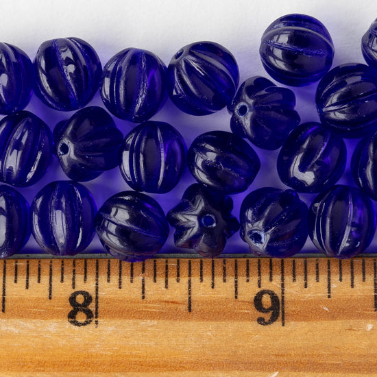 10mm Glass Melon Beads - Cobalt Blue - 20 Beads